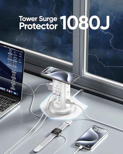 115W USB Charging Station, Surge Protector Power Strip Tower, 9 AC Outlets with 8 USB Ports(4 USB-C), 6Ft Flat Plug Retractable Extension Cord, for Home Office Dorm, White