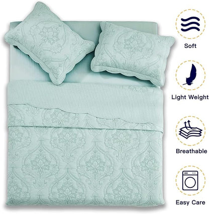 CHIXIN Oversized Bedspread Coverlet Set King Size - Lightweight Bedding Cover - Beautiful Stitching - 5 Piece Reversible Bedspread - Gorgeous Damask Paisley Pattern (King, Seaglass)