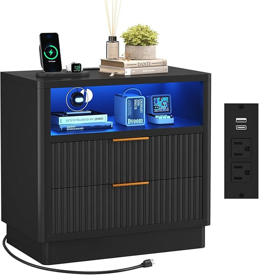 ELYKEN Black Fluted Nightstand with Charging Station & LED Light, 24" Wide Wood Night Stand for Bedroom, 2 Drawer Bedside Table with USB & Type-C Port for Bedroom