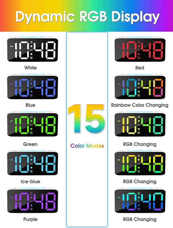 Cadmos Super Loud Alarm Clock for Heavy Sleepers Adults,Digital Clock with 7 Color NightLight,Adjustable Volume,USB Charger,Small Clocks for Bedrooms Bedside,ok to Wake for Kids,Teens (Black+RGB)