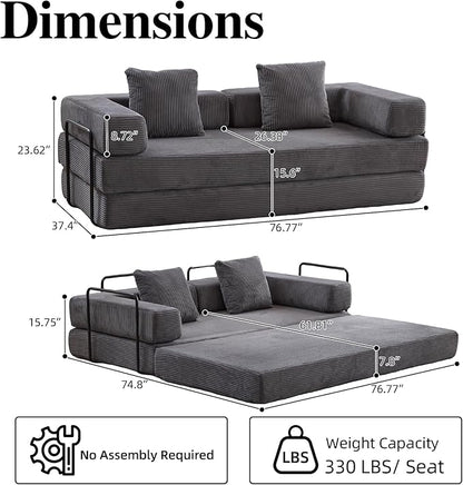 4-in-1 Convertible Folding Sleeper Sofa Bed, Fold Out Floor Sofa Couch with Fixed-Shape Frame, Cloud Corduroy Foldable Mattress Couch for Living Room Bedroom (77" Corduroy, Dark Grey)