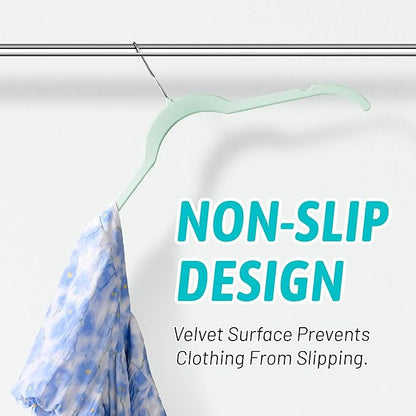 Velvet Hangers 50 Pack – Slim Non-Slip Flocked Hangers with Notches, Space-Saving Closet Organizer for Dresses, Blouses, Coats(Green)