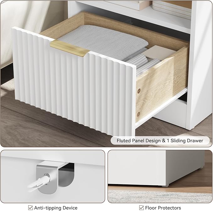 6 Drawer Dresser & Nightstand Set 3-Piece, 55” Wide Bedroom Set Night Stand Set of 2 with Metal Handle, Fluted Modern Wood Chest of Drawers Storage Dressers Set for Bedroom, White