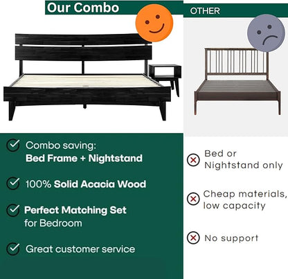 Acacia Aurora King Solid Wood Bed Frame with Headboard – Gift Matching Nightstand Included, Mid-Century Modern Farmhouse, Black Ristretto, 800 lbs Capacity, Sturdy, No Box Spring, Easy Assembly