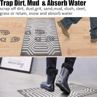 Indoor Doormat 20"x 32", Absorbent Front Back Door Mat, Rubber Backing Non Slip Floor Mats Inside Mud Dirt Trapper Outside Entrance Door Rug Carpet, Machine Washable Low Profile - Grey Time Cloister