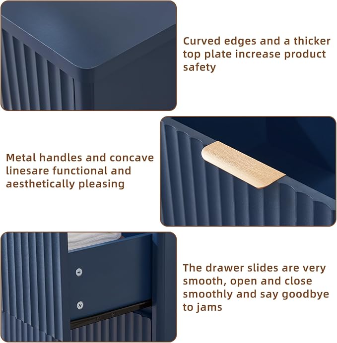 LEYAOYAO 42" Tall Fluted Dresser and 3 Drawers 23" Nightstand Set of 2, Wooden Dresser & Night Stand with Charging Station, 3 Piece Bedroom Furniture Set, Chest of Drawer for Living Room,Navy Blue