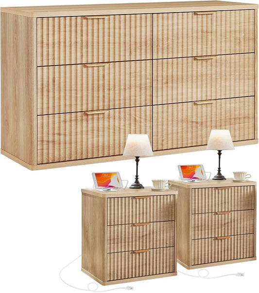 LEYAOYAO 48" Wide Fluted Dresser and 3 Drawers 23" Nightstand Set of 2, Wooden Dresser & Night Stand with Charging Station, 3 Piece Bedroom Furniture Set, Wood Chest of Drawer for Living Room,Natural