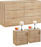 LEYAOYAO 48" Wide Fluted Dresser and 3 Drawers 23" Nightstand Set of 2, Wooden Dresser & Night Stand with Charging Station, 3 Piece Bedroom Furniture Set, Wood Chest of Drawer for Living Room,Natural