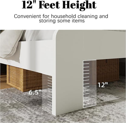 King Size Farmhouse Wooden Bed Frame with Headboard, Boho Platform Bedframe Sturdy Metal Slats Support, Spring Needed, Noisy Free, Easy Assembly (King, White)