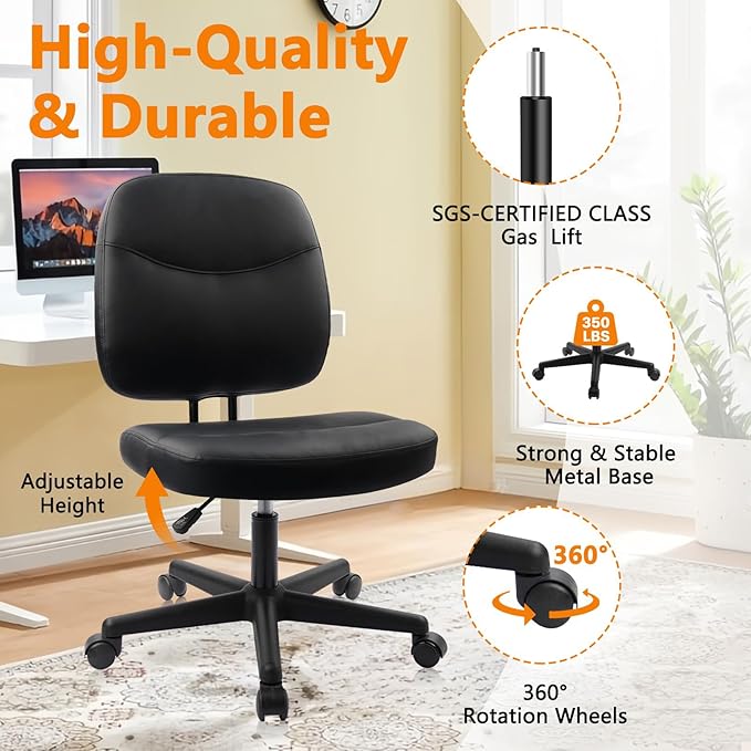 CLATINA Armless Home Office Chair, Small PU Leather Ergonomic Low Back Desk Chair with Lumbar Support and Wheels, Adjustable Height 360° Swivel Rolling Computer Task Chair, Black, 2 Pack