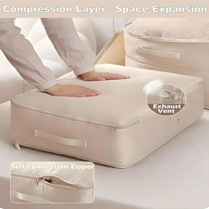Ultra Space Saving Self Compression Organizer, 2025 New Large Capacity Storage Bag, Thick Satin Fabric Heavy Duty Bags for Comforters Blankets Bedding Duvet (Beige, Large, 21x17x12in)