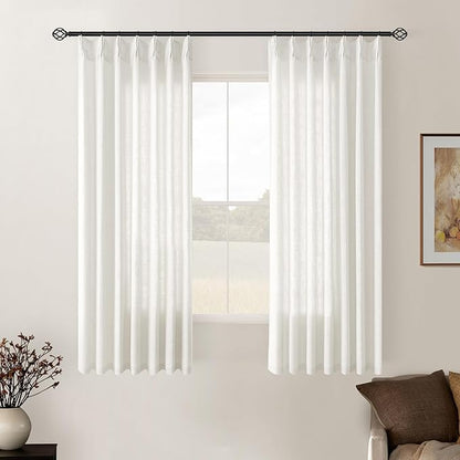 Beige White Pinch Pleated Linen Curtains 2 Panels for Living Room Bedroom Memory Training Shaped Semi Sheer Pleat Drapes with Hooks Rings Light Filtering Window Curtain 40x54