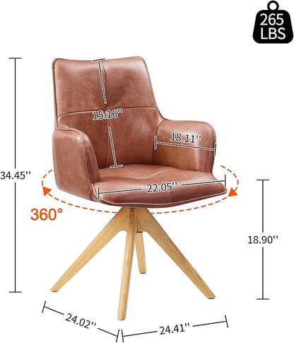 Art Leon Home Office Desk Chair - Genuine Leather Upholstered Accent Armchair, Mid Century Swivel Chair with Black Oak Wood Legs for Small Space Living Room Bedroom, Red Brown