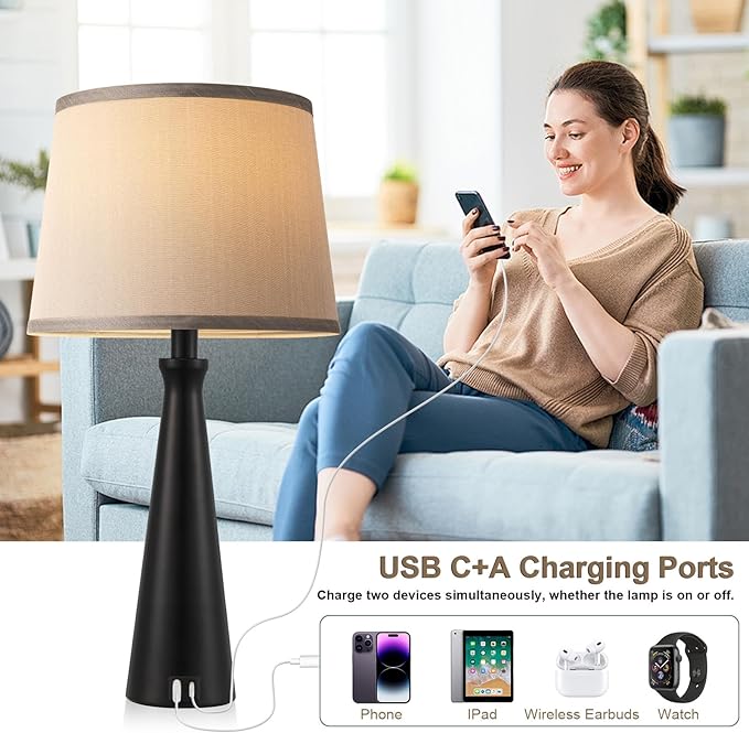 Seealle Modern Table Lamps Set of 2 - Touch Bedside Lamp for Nightstand with Dual USB C+A,3-Way Dimmable Black Nightstand Lamps for Living Room Bedroom End Table with Grey Shade(Bulb Included)