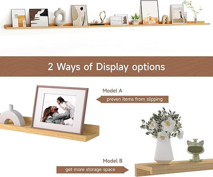 Floating Picture Ledge Shelves for Wall Set of 2, 95 Inches Picture Ledge Shelf with Long Large Nursery Book Shelf for Toys Storage Kids Bookshelf Wall Mounted Living Room Bedroom Decor Frames, Oak