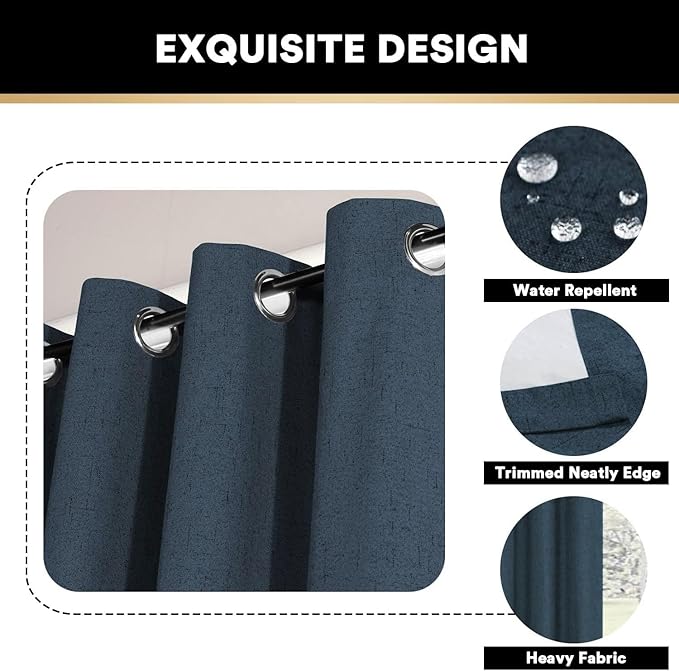 PrinceDeco Primitive Textured Linen 100% Blackout Curtains for Bedroom/Living Room Energy Saving Window Treatment Curtain Drapes, Burlap Fabric with White Thermal Insulated Liner (52 x 96 Inch, Navy)