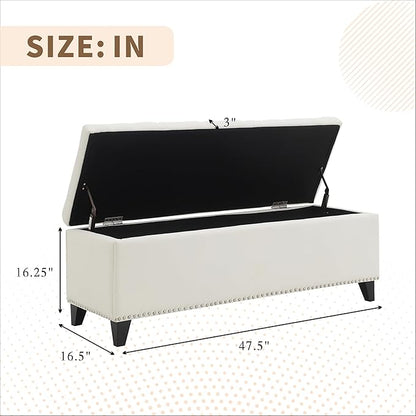 47.5“ Storage Ottoman Bench, Upholstered Button-Tufted End of Bed Bench with Soft-Close Hinge & Solid Wood Legs, Foot Rest for Living Room, Bedroom, Hallway (Linen, White)