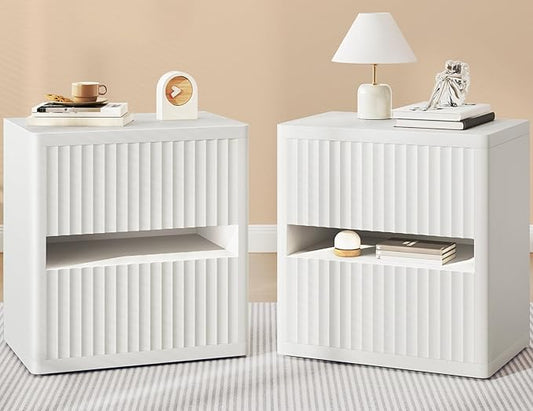 Dripex Fluted Nightstand with 2 Drawers, Large Wide Wood Night Stand Bedside Tables for Bedroom, Mid-Century Modern Storage Bed Side Table, End Tables for Living Room Sofa Couch, White, Set of 2
