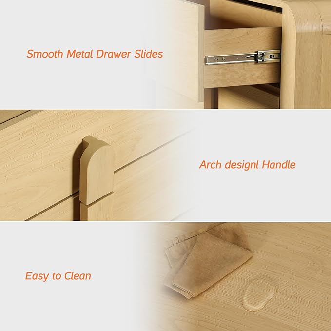 WAMPAT Modern 3-Drawer Nightstand Set of 2, 31.5" Tall Nightstand End Table w/Curved Profile Design,Wooden Bedroom Dresser with Large Chest of Drawers,Bed Side Table for Bedroom,Living Room, Oak
