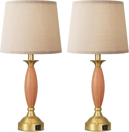 Seealle Lamps for Bedrooms Set of 2 - Touch Bedside Lamp with USB C+A, 3 Way Dimmable Nightstand Lamps with USB Port, Wood Table Lamp for Living Room Guest Room Bed Side End Table(Bulbs Included)