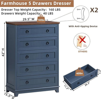 Farmhouse 5 Drawer Dresser for Bedroom Set of 2, 42" Tall Small Dressers & Chest of Drawers, Rustic Wood Dresser with Metal Handle, Storage Organizer Closet for Living Room, Hallway,Entryway