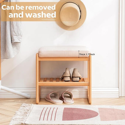 Solid Wood Shoe Bench, Shoe Rack Bench Assembled with Cushion for Entryway, Hallway, Bedroom, Living Room, Beech Wood, 11.8" x 23.6" x 16.5", Natural
