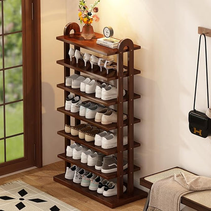 7 Tier Shoe Rack Solid Wood Shoe Organizer for Closet Free Standing Shoe Cabinet Shoe Storage Shelf for entryway, Closet and Doorway, Walnut