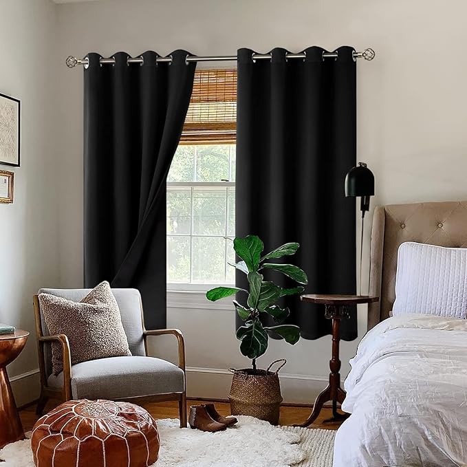 BGment Thermal Insulated 100% Blackout Curtains for Bedroom with Black Liner, Double Layer Full Room Darkening Noise Reducing Grommet Curtain (52 x 72 Inch, Black, 2 Panels)