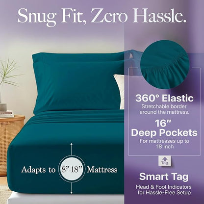 Carressa Linen 100% Egyptian Cotton Queen Sheet Set - 600 Thread Count Egyptian Cotton Queen Sheets Set (4 PC, Peacock Teal), Ultra Soft, Cooling, 16" Deep Pocket Sateen Weave Luxury Hotel Bed Sheet