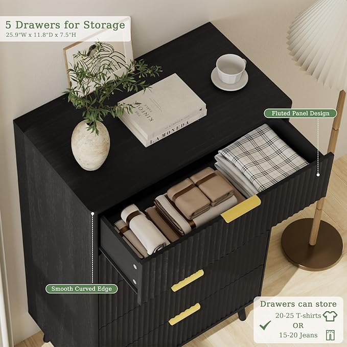LYNSOM Fluted 5 Drawers Dresser, 45" Tall Modern Chest of Drawers with Curved Profile Design and Metal Handle, Wood Drawer Organizer for Bedroom, Living Room, Hallway, Entryway, Black