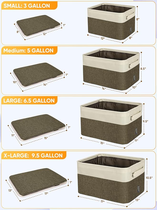 BALEINE 4 Pack Fabric Storage Bins for Shelves, Linen Storage Baskets for Organizing, Decorative Closet Bins for Clothes, Home (Brown, 14''x10''x8.5'')