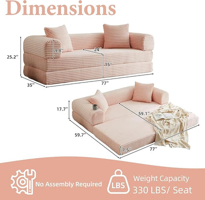 Convertible Futon Sofa Bed, Fold Out Floor Sofa Couch with Sleeper Sofa,Folding Boneless Couches with Deep Seat,Cloud Corduroy Foldable Mattress Couch for Living Room (Pink)