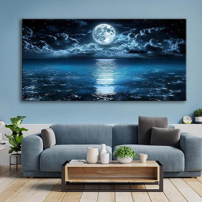 Big Moon Canvas Wall Art - Modern Seascape Paintings for Living Room, Bedroom Wall Decor, Framed Wall Art for Home or Office Decoration, Large Art 60x120cm(24x48in)