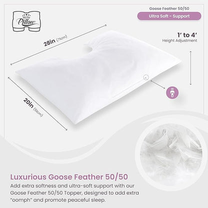 Wife Pillow - Topper, Hotel Style, 50/50 Blend: Goose Down Feather & Siliconized Fiberfill. Machine Wash & Dry. Adjustable for Side Sleepers by Zipper Access Add/Remove Filling: Soft Support