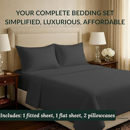 Cloud Scape Linen 100% Egyptian Cotton King Sheets Set – 400 Thread Count, 4-Piece Soft Hotel Quality Bedding Set,Deep Pockets up to 16”, Charcoal Grey