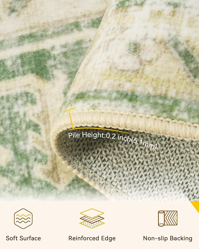 Area Rugs 2'x6' Washable Non-Slip, Floral Vintage Distress Print Pattern Medallion Carpet for Living Room Bedroom Dining Room, Sage Green Yellow