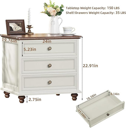 24" Wide Farmhouse Night Stand,Large End Table with 3 Drawers & Metal Handle,Wood Dresser for Bedroom, White Bed Side Table Chest of Drawers Cabinet,Nightstand for Living Room,Closet