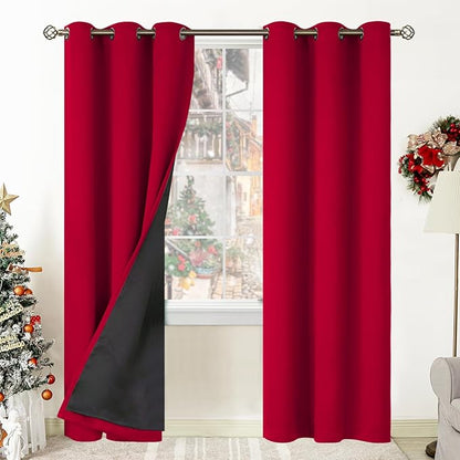 BGment Christmas 100% Blackout Curtains Thermal Insulated with Liner for Living Room Decoration - Grommet Double Layer Energy Saving Bedroom Curtain Drapes (42 x 84 Inches, Red, 2 Panels)