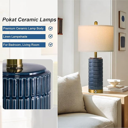 PoKat Touch Bedside Table Lamps with USB Ports for Bedroom, 25'' Dimmable Nightstand Touch Lamps for Living Room, Blue Ceramic Lamps with Gold Base for Night Stands Bedroom, Nursery, Dark Blue