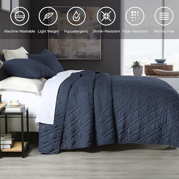 HORIMOTE HOME Quilt Set King Size Navy Blue, Classic Geometric Diamond Stitched Pattern, Ultra Soft Lightweight Bedspread Coverlet for All Season 3 Pieces(1 Quilt and 2 Pillow Shams)