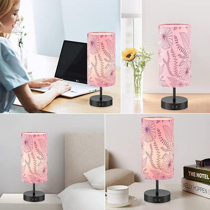 Bedside Table Lamp, Modern Touch Control Desk Lamp with 2 USB Ports & Round Flower Linen Fabric Shade, 3 Way Dimmable Small Nightstand Lamp for Bedroom Living Room Home Office Pink(LED Bulb Included)