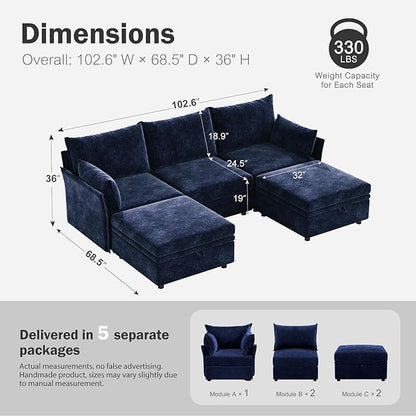 ABCASA 102.6" U Shaped Modular Sectional Sofa, 5 Seater Couch with Storage Ottoman Deep Seat and High Backrest with Removable Cover for Living Room, Apartment - Chenille Blue