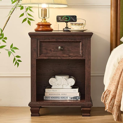 SAVOR LIFE Farmhouse End Tables Living Room Set of 2, Rustic Wood Nightstand with 1 Drawer, Brown Bedside Table with Open Shelf for Bed Room, Side Tables for Living Room, Walnut