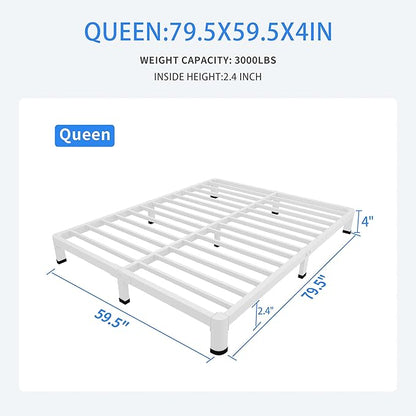MAF 4 Inch Queen Metal Platform Bed Frame White with Round Corner Legs, Mattress Slide Stopper, 3000 LBS Heavy Duty Steel Slats Support, Noise Free, No Box Spring Needed, Easy Assembly