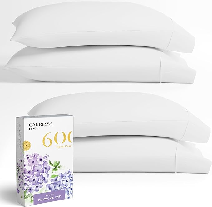 Carressa Linen 100% Egyptian Cotton Pillow Cases Queen Size Set of 4 - Luxury 600 Thread Count White Standard/Queen Size Pillowcases, Silky Soft, Cooling Sateen Weave Hotel Quality Bed Pillow Cover
