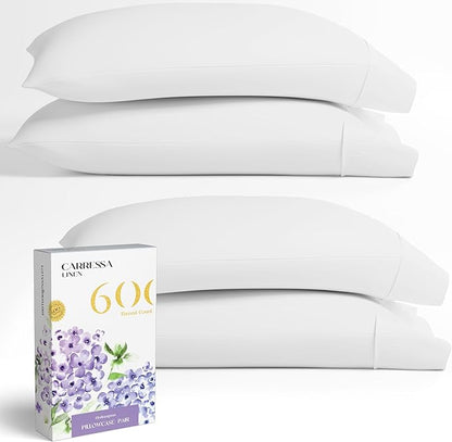 Carressa Linen 100% Egyptian Cotton Pillow Cases Queen Size Set of 4 - Luxury 600 Thread Count White Standard/Queen Size Pillowcases, Silky Soft, Cooling Sateen Weave Hotel Quality Bed Pillow Cover