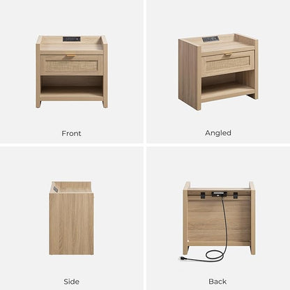 SICOTAS Rattan Nightstands Set of 2 Bedside Table - Boho Night Stand with Type-C Charging Station, Wicker Decor Drawer Storage End Table Night Stands for Bedroom - Light Oak