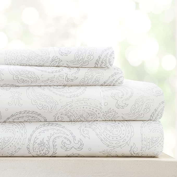 Linen Market Double-Brushed Patterned Microfiber Full Sheet Set 4 Piece – Oeko-TEX Certified Ultra Soft & Wrinkle-Free - 16" Deep Pocket Sheets - Easy Care Full Size - Coarse Paisley Light Gray