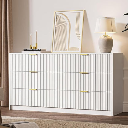 White 6 Drawer Dresser for Bedroom, 55" Wide Modern Chest of Drawers with Gold Metal Handles, Fluted Wood TV Stand for Living Room, Hallway