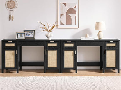 SICOTAS 2 Pieces Rattan Vanity Home Office Desk - Big Boho Makeup Vanities Benches with Drawers & Storage Cabinets, Dressing Vanity Table for Makeup Room, Bedroom, Home Office, Black Oak